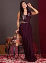 Lycra Wine Party Wear Frill Border Ready To Wear Saree